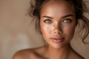 Naklejka premium Portrait of a serene young woman with natural freckles in a close-up shot