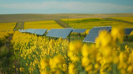 A series of solar panels lining a field of canola illustrating the use of renewable energy sources to power irrigation systems and other equipment in biofuel crop production. .