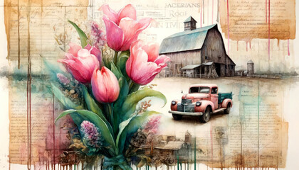Watercolor painting of pink tulips against vintage scenes of rustic barns, an old truck and cursive text background on antique paper