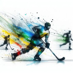 Hockey player in watercolor illustration with Generative AI.