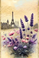 Vintage Paris sights with lavender bouquet and italic text background on antique paper