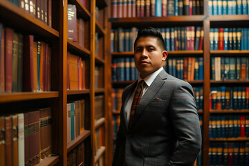 Well-dressed man stands assuredly in a library with bookshelves in the background