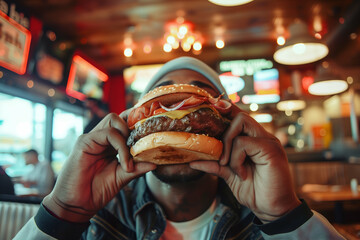 Unidentified man holding a scrumptious burger, ready to indulge in a cozy diner setting - obrazy, fototapety, plakaty