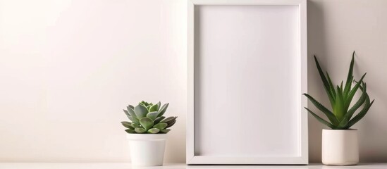 A simple white frame is displayed with a vibrant green plant placed next to a white pot containing another plant