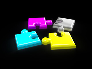 3D ILLUSTRATION PUZZLE CYAN MAGENTA YELLOW AND BLACK