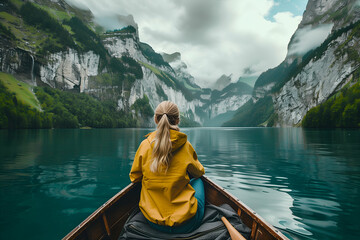 Tranquil scene of a woman canoeing on a calm mountain lake surrounded by cliffs - obrazy, fototapety, plakaty