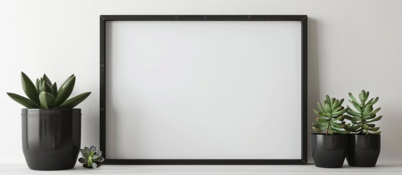 White rectangular picture frame displayed with two green plants in pots, one black and one black, against a white background
