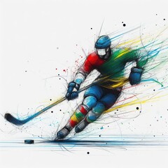 Hockey player in watercolor illustration with Generative AI.