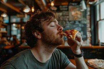 Content male savoring a delicious slice of pizza in a cozy diner setting