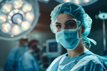 Focused female surgeon in scrubs with medical team in the background - obrazy, fototapety, plakaty