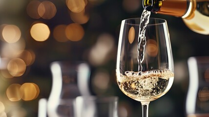 Close-up of sparkling wine being poured into glass with blurred background - obrazy, fototapety, plakaty