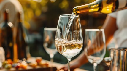 White wine being poured into glass with blurry background of sunny outdoor setting