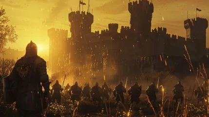 Foto op Canvas The sun sets behind the towering castle walls casting a golden glow over the battlefield. The knights now facing away from the camera . . © Justlight
