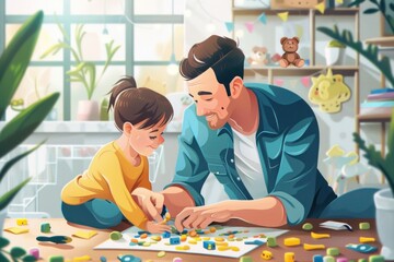 Father's Day greeting card design flat illustration, A man and a little girl are playing with blocks.