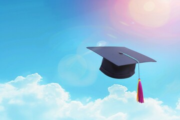 A black graduation cap with a purple and yellow tassel is flying in the sky. Concept of accomplishment and achievement