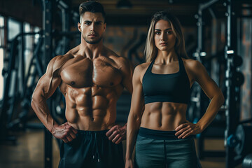 Fototapeta premium Strong man and fit woman confidently pose in a fully-equipped gym, displaying their toned bodies
