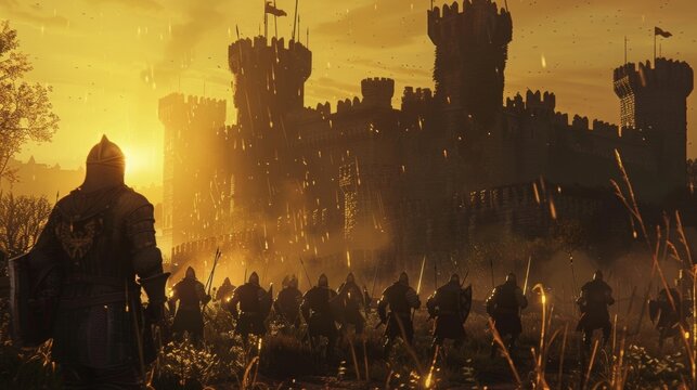 The sun sets behind the towering castle walls casting a golden glow over the battlefield. The knights now facing away from the camera . .
