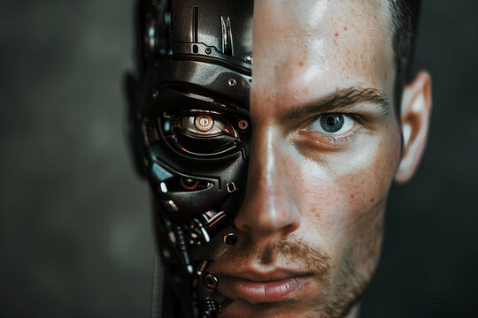 Close-up of a person with robotic facial features on one side, showcasing a cyborg look