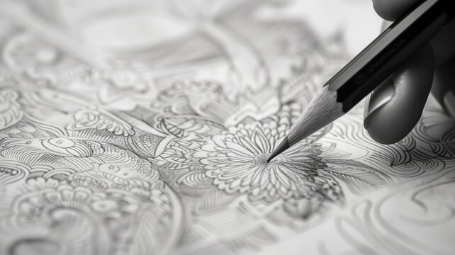 Monochrome image depicting person's hand drawing intricate floral patterns