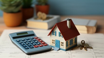 Model house with keys and calculator - Miniature house model with calculator on property papers suggesting real estate investment and home mortgage