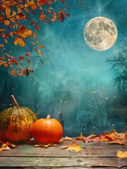 Thanksgiving pumpkins in a dreamy autumn setting - Orange pumpkins with vibrant autumn leaves under the glowing light of a full moon in a dreamy forest clearing