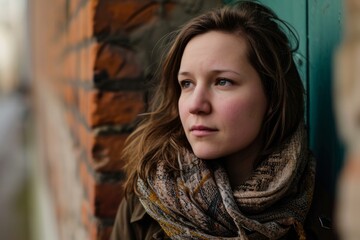 portrait of a girl in a scarf on a background of an old brick wall