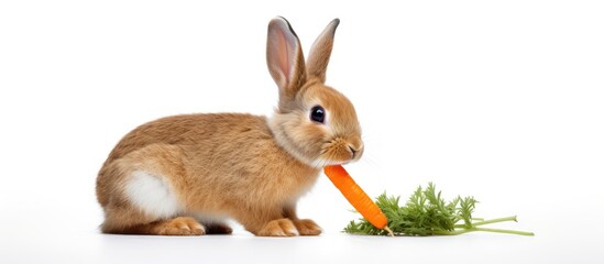 Rabbit nibbling on carrot on plain white floor - obrazy, fototapety, plakaty