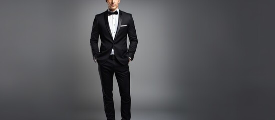 Dressed in a tuxedo with a bow tie, a gentleman stands confidently in a professional photo studio setting