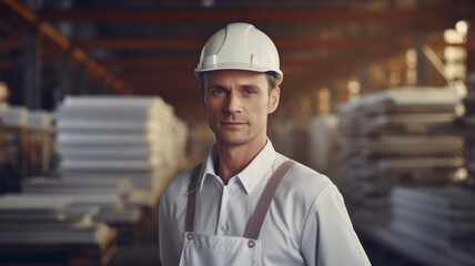 Confident workman at a lumber warehouse - Portrait of a confident male worker at a lumber warehouse wearing a hard hat and work overalls - obrazy, fototapety, plakaty