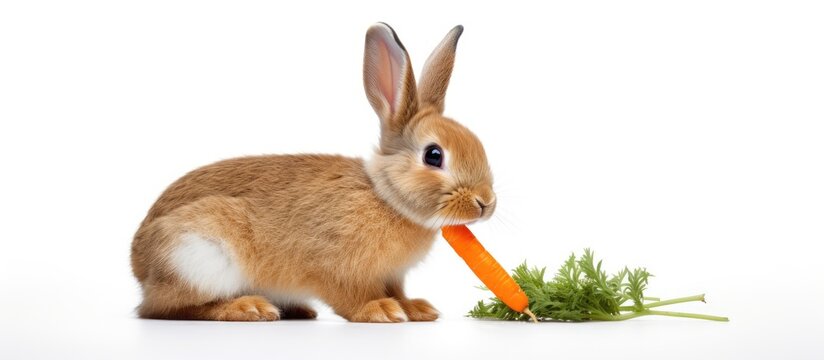 Rabbit nibbling on carrot on plain white floor