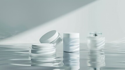Elegant skincare packaging on reflective water - Sophisticated image of various skincare containers on a watery backdrop, creating a sense of luxury