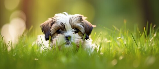 A tiny canine lounges comfortably on green grass under the natural light