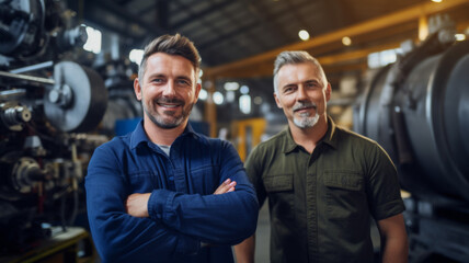 Two smiling male workers in industrial setting - Smiling male colleagues with arms crossed standing confidently in a factory