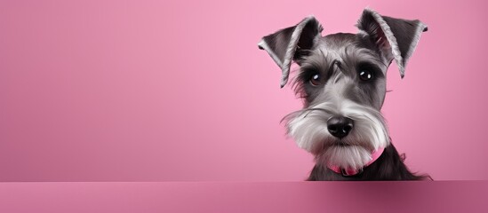 Schnauzer dog with stylish appearance and racy demeanor, sporting a pink collar while standing on a...