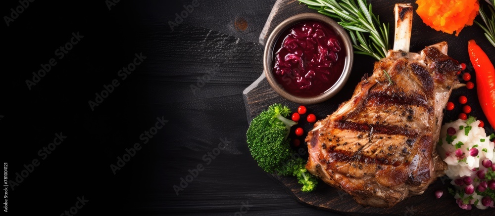 Wall mural On a plate is a savory dish featuring cooked meat, fresh vegetables, and a flavorful sauce