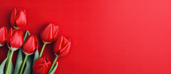Vibrant red tulips arranged against a deep red background, creating a striking image with room for text