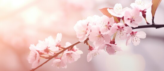 Branch of cherry tree captured in a detailed close-up, showcasing delicate blossoms and green leaves - obrazy, fototapety, plakaty