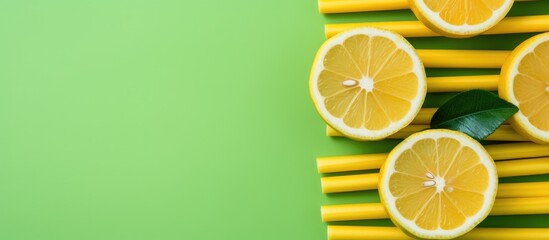 Several lemon slices arranged closely together on a vibrant green background, showcasing freshness and citrus appeal. - Powered by Adobe