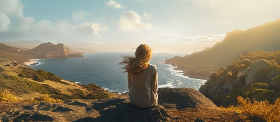 Woman relaxes on a rock, enjoying the view of the vast ocean and majestic mountains - obrazy, fototapety, plakaty