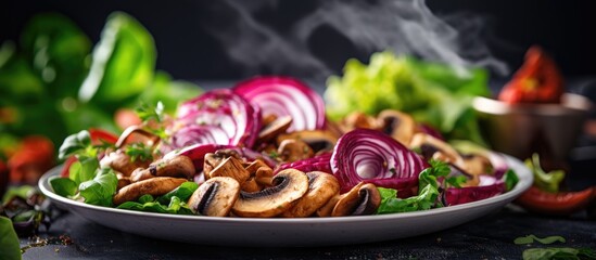Plate containing fresh lettuce leaves and various mushrooms, with wisps of smoke rising from them