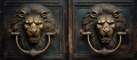 Close-up of a wooden door featuring intricately designed lion head knockers in Warsaw