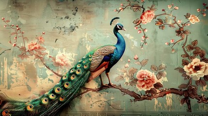 Chinese Peacock, Vintage Chinoiserie, illustration made with Generative Ai