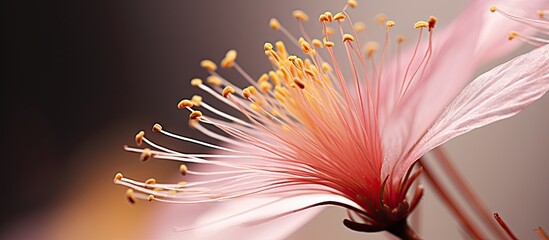 The pink flower showcases striking and vivid yellow stamens in a detailed macro shot - obrazy, fototapety, plakaty