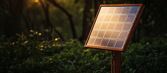 Amidst the lush woods, a solar panel is mounted on a rustic wooden pole to harness natural energy efficiently.