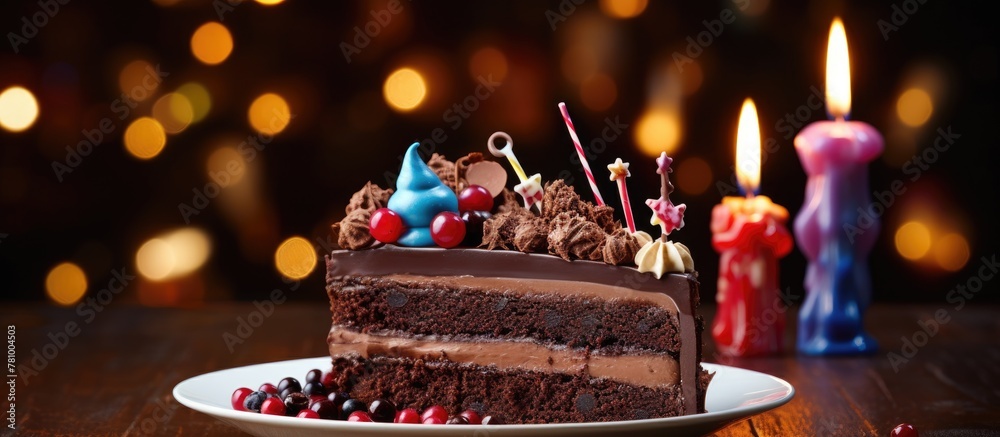 Sticker Chocolate cake placed on a table with multiple candles burning brightly atop