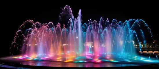 Vibrant fountain displaying colorful water sprays lit up by lights in the dark surroundings