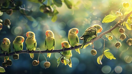 Beautiful green parrots sitting on tree - Powered by Adobe