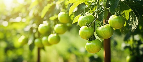 Many unripe green tomatoes are seen growing on a tree in a lush garden setting.