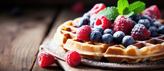 Waffles adorned with succulent berries and mint leaves placed on a rustic wooden table