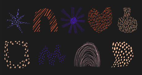 Abstract textured shapes set. Collection contemporary hand drawn scribble shape. Nature organic fantastic elements. Vector illustration isolated on black background